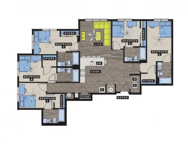 Comprehensive 2D floor plan featuring 5 bedrooms, open living area, and modern kitchen.