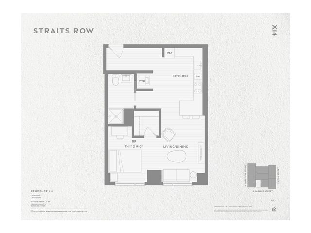 Simplistic floor plan of Straits Row Residence X14 featuring one bedroom, an integrated living/dining area, a kitchen, and a bathroom.