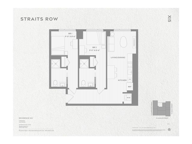 Elegant floor plan of Straits Row Residence X15 showing 2 bedrooms, open living and dining area, and modern kitchen.