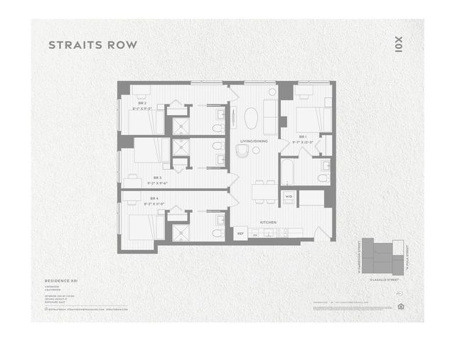 Sophisticated floor plan of Straits Row Residence X01 with 4 bedrooms and an open living and dining area.