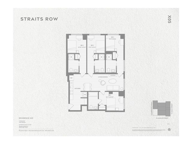 Elegant floor plan of Straits Row Residence X05 featuring four bedrooms, a modern kitchen, and an inviting living/dining area.