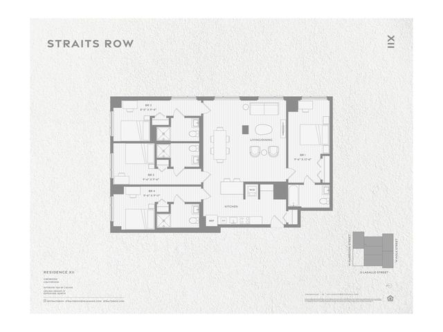 Elegant floor plan of Straits Row Residence XII featuring 4 bedrooms, stylish kitchen, and open living/dining area.