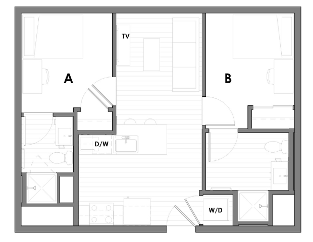 Contemporary 2D floor plan with two bedrooms, open living and dining area, and modern kitchen.
