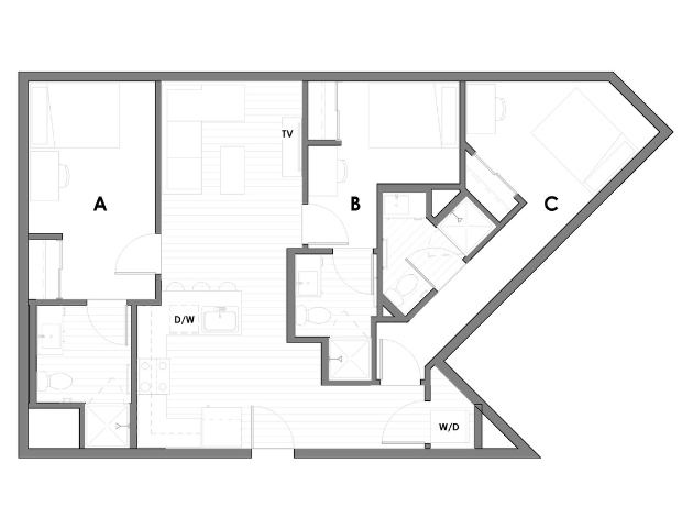 Sleek floor plan of a modern apartment with 3 uniquely shaped bedrooms, open living area, and practical kitchen.