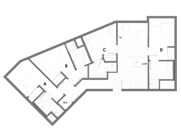 Innovative floor plan featuring 2 bedrooms, a spacious kitchen, and open-concept living area.