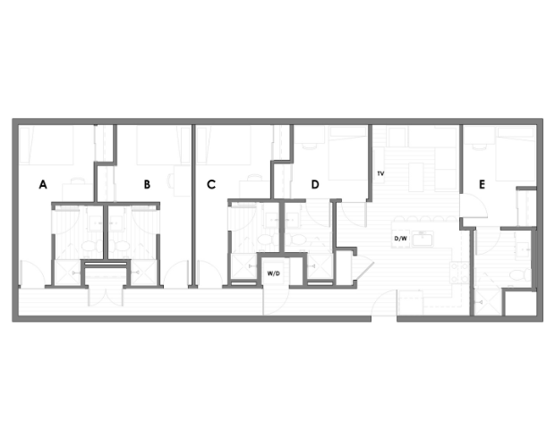 Comprehensive 2D floor plan displaying 4 bedrooms, a modern kitchen, and an open living area with TV space.
