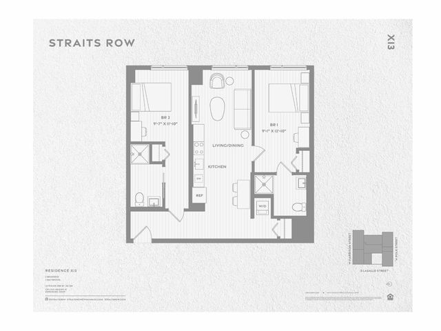 Contemporary floor plan for Straits Row Residence X13 showcasing 2 bedrooms, stylish living/dining area, modern kitchen, and sleek bathroom.
