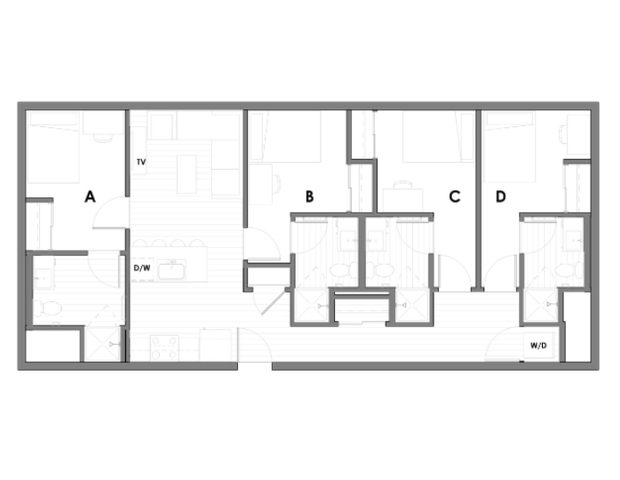 Detailed floor plan showcasing four bedrooms, a living area, and modern kitchen layout.