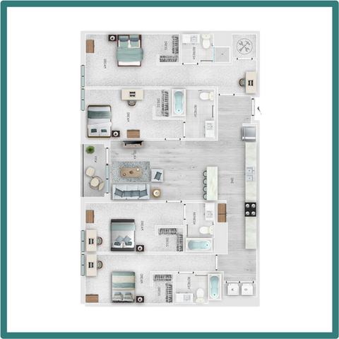 Chic and modern floor plan showcasing 3 bedrooms, elegant open-concept living room, and sleek kitchen, ideal for stylish living.