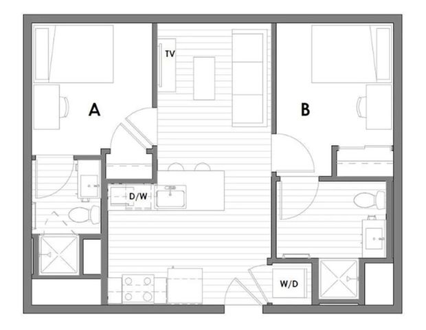 2D floor plan with two bedrooms, open living area with TV, kitchen, and modern amenities.