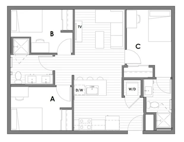 Innovative 2D floor plan with three bedrooms, an open living area, and a functional kitchen space.