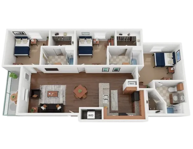 Spacious 3D floor plan showcasing 3 bedrooms, a modern open-concept kitchen, elegant living area, and sleek bathrooms.