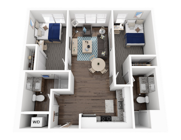 Contemporary 3D floor plan featuring 2 bedrooms, open living and dining area, modern kitchen, and dual bathrooms.