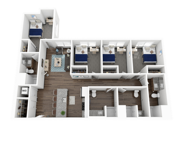 Modern 3D floor plan featuring 4 bedrooms, an open-concept living room, and a sleek kitchen with a breakfast bar.