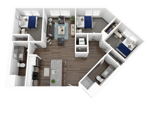Modern 3D apartment floor plan with three bedrooms, open-plan living and dining area, stylish kitchen, and two elegant bathrooms.