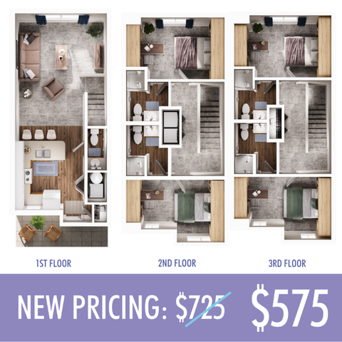 Three-story townhouse floor plan featuring an open-concept living and kitchen area, and multiple bedrooms on the upper floors.