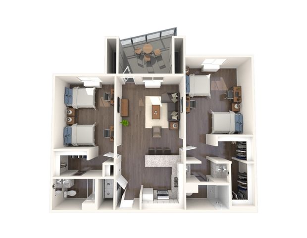 Elegant 3D floor plan showcasing a 3-bedroom apartment with open living area and balcony.