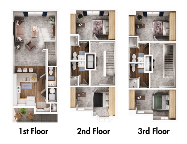 Three-story townhouse floor plan featuring an open-concept living and kitchen area, and multiple bedrooms on the upper floors.