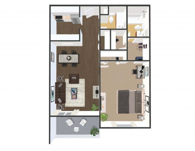 Chic 3D floor plan showcasing a modern single-bedroom apartment with an open-concept living and dining area, stylish kitchen, luxurious bathroom, and a cozy balcony.