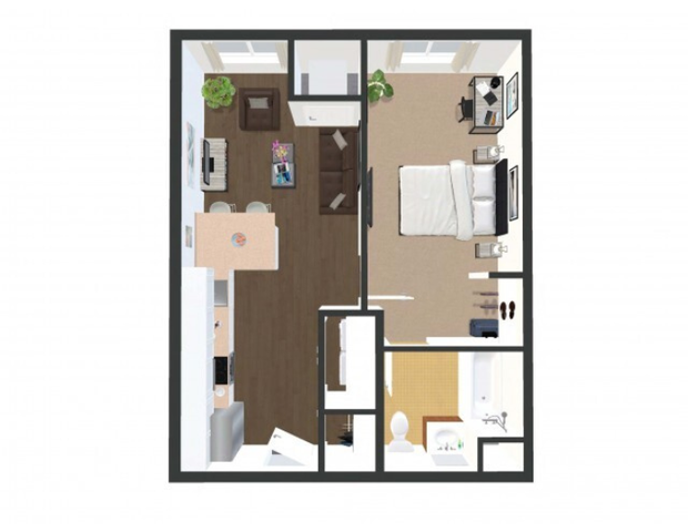 Modern 2D floor plan featuring a spacious bedroom, cozy living area, and sleek kitchen with open design.