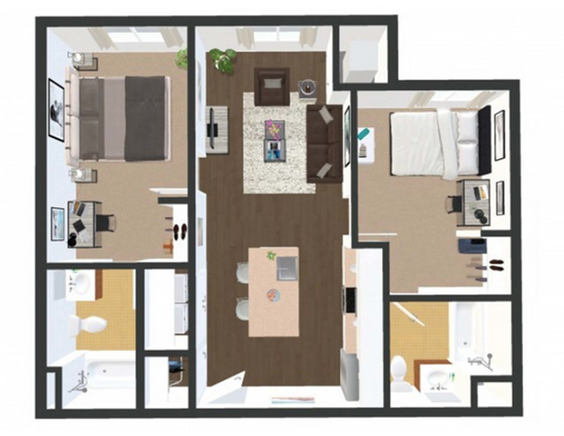 Elegant floor plan showcasing 2 spacious bedrooms, modern kitchen with island, and cozy living area.