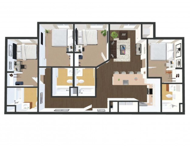Contemporary 3-bedroom floor plan with an open-concept living area, modern kitchen, and dual bathrooms for convenience.