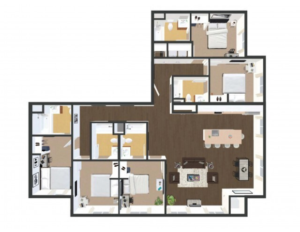 Chic and spacious floor plan showcasing 4 serene bedrooms, a modern open-concept living and dining area, and two elegant bathrooms.