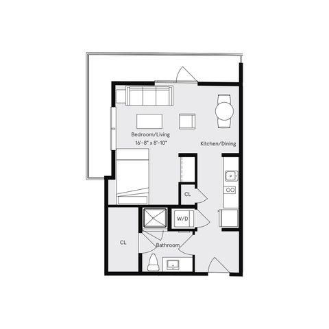 Modern floor plan showcasing a versatile bedroom/living area, efficient kitchen/dining space, and a cozy bathroom.