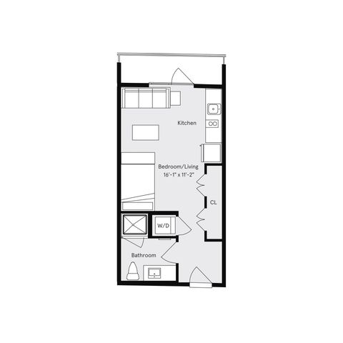 Chic studio floor plan featuring an open kitchen, combined bedroom/living area, and modern bathroom with convenient washer/dryer unit.