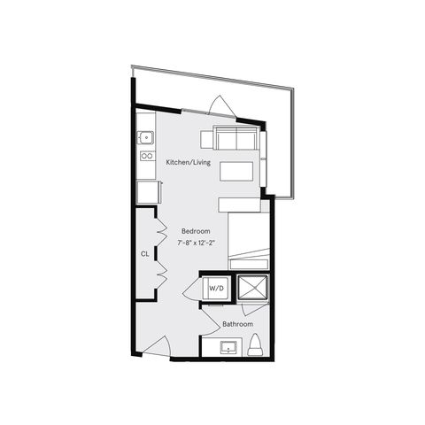 Contemporary floor plan showcasing a cozy 1-bedroom with integrated kitchen/living area and modern bathroom.