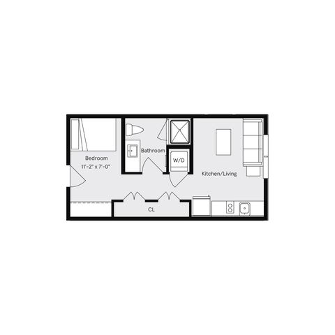 Modern floor plan featuring a cozy bedroom, sleek bathroom, and open kitchen/living area with in-unit washer/dryer and closet space.
