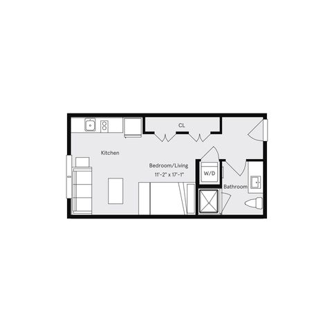 Efficient studio apartment floor plan featuring a combined bedroom and living area, modern kitchen, and compact bathroom.