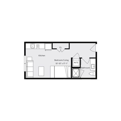 Contemporary studio floor plan featuring a combined bedroom and living area, functional kitchen, and modern bathroom.