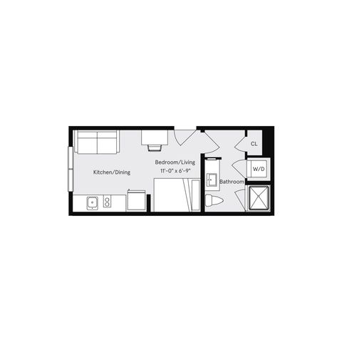 Compact and modern studio floor plan with an integrated kitchen and dining area, cozy bedroom/living space, bathroom, and convenient in-unit laundry.