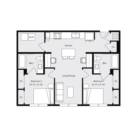 Modern floor plan showcasing 2 cozy bedrooms, elegant kitchen, and integrated living and dining area with 2 bathrooms.