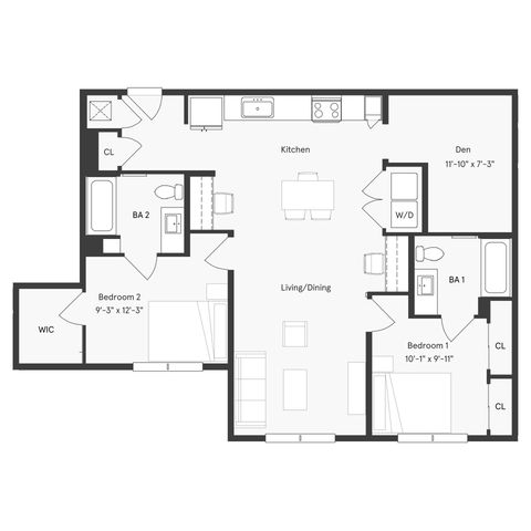 Modern floor plan featuring 2 bedrooms, spacious kitchen, open living/dining area, cozy den, and 2 bathrooms with W/D unit.