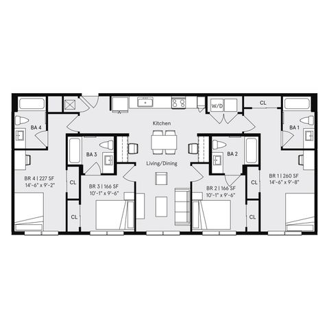 Modern floor plan showcasing a 4-bedroom, 4-bathroom layout with a central open-concept kitchen and living/dining area, ample closet space, and efficient design.
