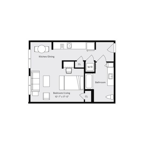 Modern studio floor plan showcasing an integrated bedroom and living area, stylish kitchen/dining space, and a compact bathroom with washer/dryer.