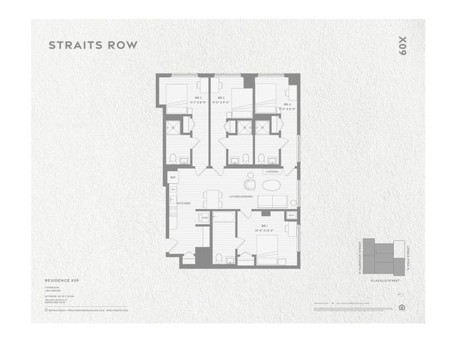 Detailed floor plan of Residence X09 at Straits Row showcasing 4 bedrooms, spacious living/dining area, and modern kitchen layout.