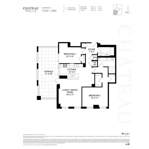 Chateau Wells unit 1004 floor plan showcasing elegant 2-bedroom layout with spacious living/dining area, sleek kitchen, and expansive terrace.