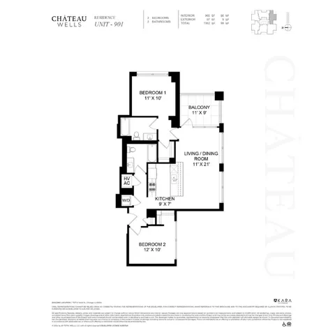 Ch&acirc;teau Wells Residence Unit 901 floor plan featuring 2 bedrooms, living/dining room, compact kitchen, and balcony, showcasing efficient layout and modern design.