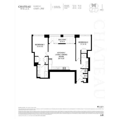 Charming Chateau Wells residence floor plan for Unit 503 featuring 2 spacious bedrooms, 2 bathrooms, open-concept kitchen and living area with balcony, maximizing comfort and style.