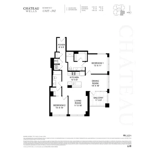 Elegant Chateau Wells floor plan of Unit 502 featuring 2 bedrooms, a dining room, and a balcony, optimized for modern living.