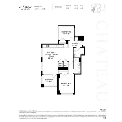 Chateau Wells unit 806 floor plan showcasing 2 bedrooms, expansive kitchen, living and dining area, plus a cozy balcony.