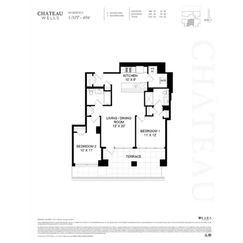 Chateau Wells elegant floor plan of Unit 404 featuring 2 bedrooms, 2 bathrooms, spacious living/dining area, open kitchen, and a charming terrace.