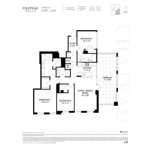 Elegant Ch&acirc;teau Wells floor plan for Unit 1102 showcasing 3 spacious bedrooms, open living and dining room, modern kitchen, and expansive terrace.