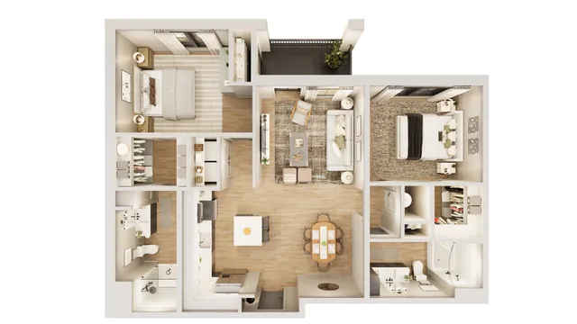 Elegant floor plan highlighting a spacious layout with 2 luxurious bedrooms, a modern living area, and a gourmet kitchen.