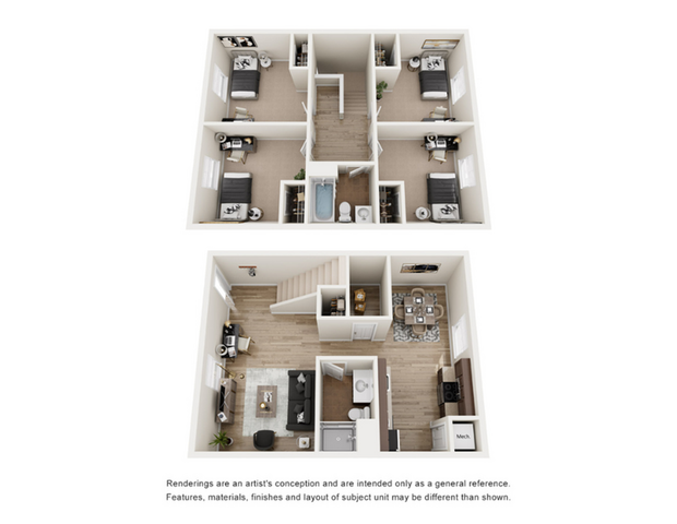 Charming 3D floor plan displaying two-level apartment with three cozy bedrooms, modern kitchen, and inviting living area.