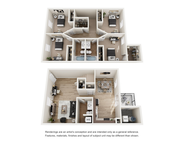 Modern two-story floor plan featuring four spacious suites, an open living area, a stylish kitchen, and multiple bathrooms. Ideal for comfortable family living.