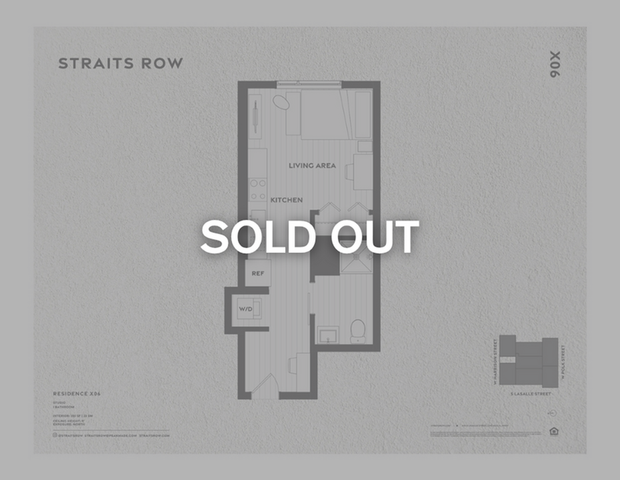 Efficient studio floor plan with living area, kitchen, and bathroom at Straits Row.